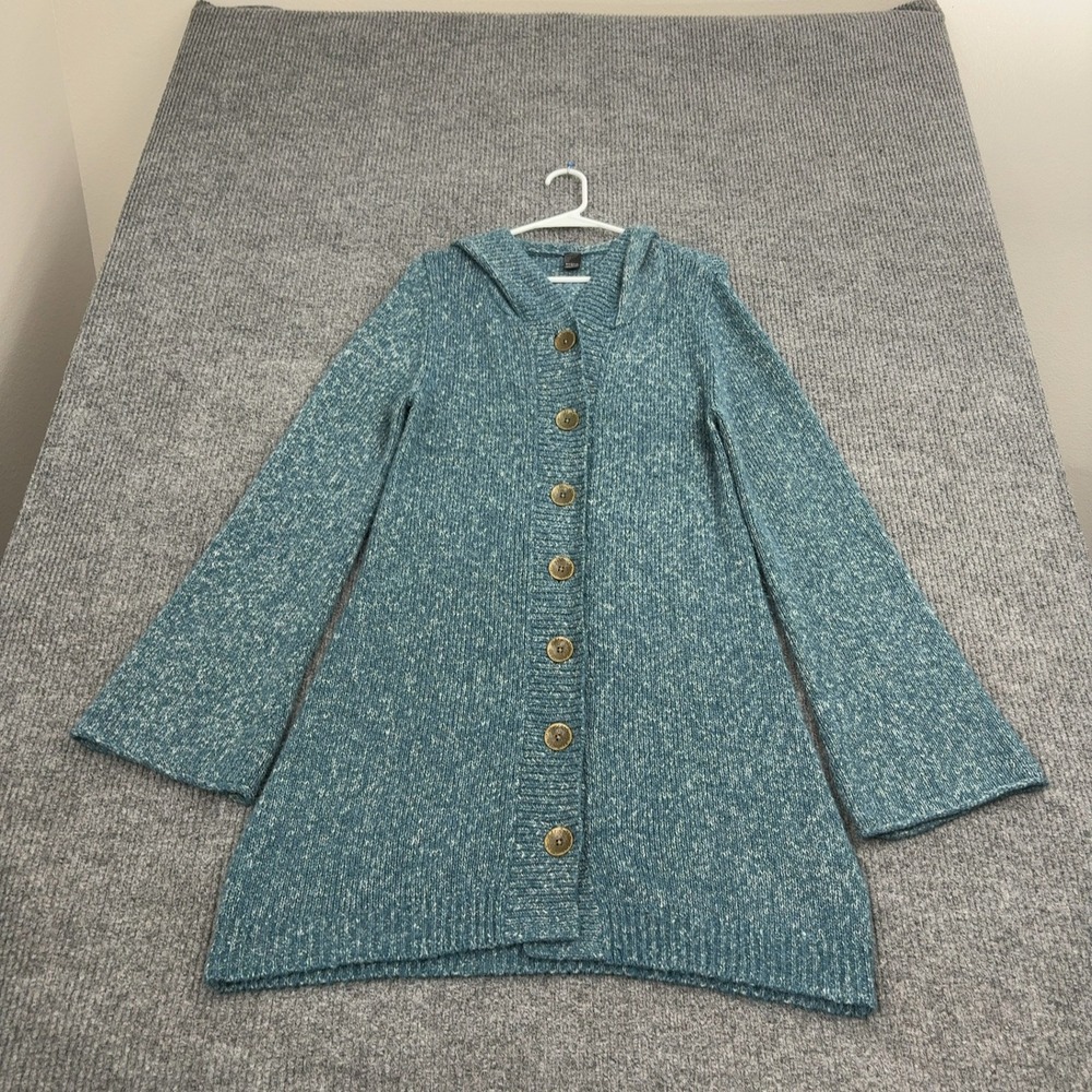 Prana Cardigan Sweater Womens M Blue Acrylic Cotton Blend Hooded Marl Boho Style